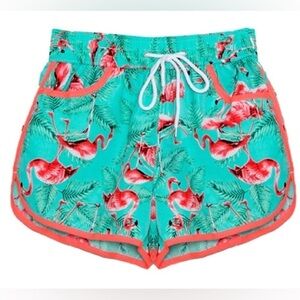 NWT Comfort-Fit Women’s Board, Volley, Swim Front Pockets Flamingo Design Shorts